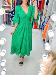 Casual Dresses Elegant Cotton Hook Flower Hollow Embroidery Party 2023 Spring Summer 3/4 Sleeve V-neck High Waist Hem Ruffle Maxi Dress