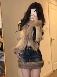 Women's Sweaters Washed Fur Paneled Denim Skirt for Women Retro Sexy Hot Girl High Waist A-line Skirt Y2k Skirt Fashion Casual Package Hip Skirt J230928