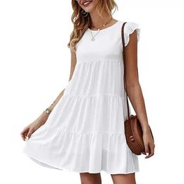 Basic Casual Dresses Elegant Women's Summer Solid Round Neck Flying Sleeves Dress Beach Vacation Female Robe Vesido Mujer SXXL