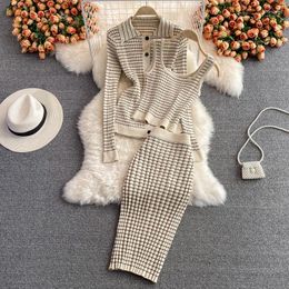 Work Dresses Women 3 Piece Set 2023 Autumn Korean Style Temperament Fashion Suit Plaid Knitted Cardigan Bottoming Camisole Skirt