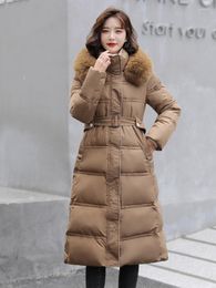 Women's Trench Coats 2023 Women Winter X-long Jacket Hooded Belt Fur Collar Warm Thicken Female Coat Solid White Black Ladies Parka