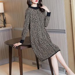 Casual Dresses High-End Western Style Leopard Print Knitted For Women Autumn Winter Loose Covering Belly Thin Bottoming Sweater Skirt Dress