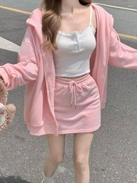 Work Dresses Harajpee Sweet Hooded Pink Suits Long Sleeved Sweater Cardigan Coat Set Women's Autumn 2023 Gentle Skirt Two Piece Sets