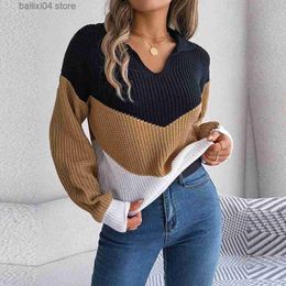 Women's Sweaters FICUSRONG 2023 New Women Autumn Winter Casual Polo Collar Contrast Long Sleeve Knit Pullover Sweater For Fashion T230928