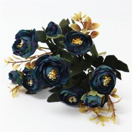 1 Bouquet 9 head Artificial Silk cloth Fake Flowers Leaf Peony Floral Home Wedding Party home Decor Blue rose small bouquet1202C