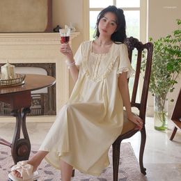 Women's Sleepwear Women Loose Large Size Cotton Summer Short Sleeve Mid-Calf Nightdress Princess Sweet Lace Square Collar Nightgown