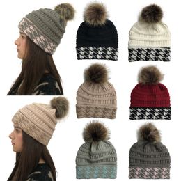 7 Colors Fashion Pattern Color Block Hairball Knitted Hat Warm Wool Elastic Pullover Hat Outdoor Winter Warm Knitted Hat For Women