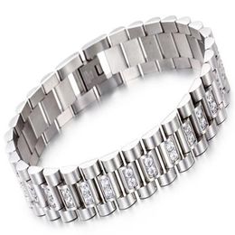 Watch Band Style 15mm Width 316L Stainless Steel Luxury Mens Wristband Link Bracelet with Prong Setting CZ Stones179e