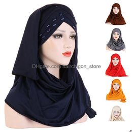 Hair Accessories Women Plain Turban Bead Amira Hijab Scarf Head Wrap Pl On Instant Shawl Muslim Hijabs Ready To Wear Headscarf Islam Dh05C