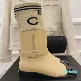 2023-To Wear Slip-on With Metal Sheepskin Designer Stretch Boot Chelsea Rainboot Round Toes Knight Fashion Snow Boot