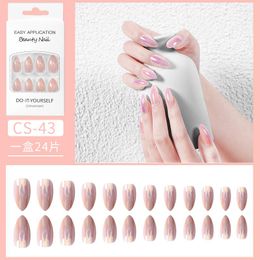 False Nails 24Pcs Europe And The United States Pointed Boxed Fake Pink Aurora Electroplating Wear Nail Patch Almond Long