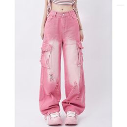 Women's Jeans Women Pink Contrasting Colors High Waist American Street Wide Leg Pants Fashion Hip Hop Vintage Straight SummerTrousers