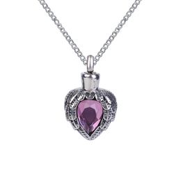 Urn Necklace Purple Birthstone Wing Heart Pendant Memorial Ash Keepsake Cremation Jewelry Stainless Steel With Gift Bag and Chain305f