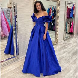 Ruffled Off Shoulder Satin Prom Dresses sweetheart Sweep Train A-line Royal Blue Formal Evening Dress Women evening Party Gowns