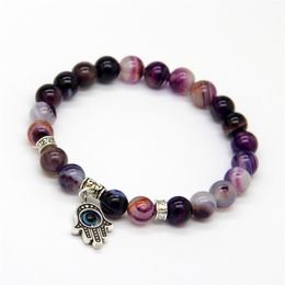 New Arrival Jewellery Whole 8mm Beaded Natural Purple Agate Stone Beads Hamsa Hand Yoga Braclets Gift for men and women1953