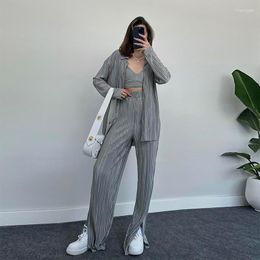 Women's Two Piece Pants Clothing 2023 Summer High-end Grey Long-sleeved Shirt Suspenders Wide-leg Casual Two-piece Suit