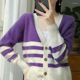 Women's Sweaters Pure Wool Autumn And Winter Clothing Loose Lazy Style V-neck Color-Block Button Thermal Knitting Cardigan Sweater