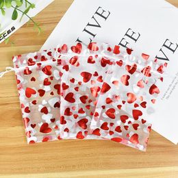 Gift Wrap 20pcs Red Printing Organza Bag Love Heart Drawstring Pouches For Wedding Valentine's Day Party Decor Candy Packing