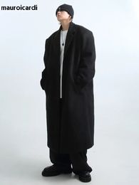 Men's Wool Blends Mauroicardi Autumn Winter Long Oversized Warm Soft Black Trench Coat Men with Shoulder Pads Loose Casual Korean Fashion Overcoat 230927