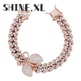 Hip Hop 12mm Micro Pave CZ Cuban Link Bracelet with Small Butterfly Ankle Punk Miami Bracelets for Women Men291e