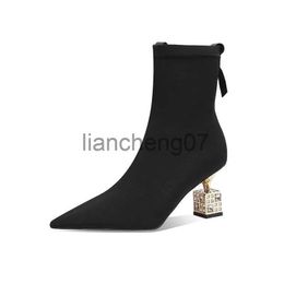 Boots Woman Sock Ankle Boots 2022 Spring Autumn Pointed Toe High Heel Elastic Flock Black Comfortable Booties Lady Shoes x0928