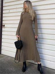 Casual Dresses Elegant Solid Pleated Knitted Lace Up Midi Dress Women Slim Flare Long Sleeve Ribbed A-line Autumn Female Commuting Robe