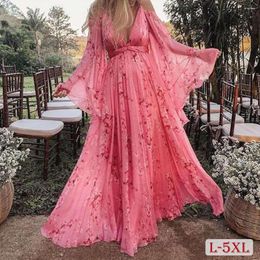 Plus Size Dresses Women Party Dress 5XL Floral Print Ruffled Ladies Maxi Spring Summer Batwing Wide Sleeve Female Vestido