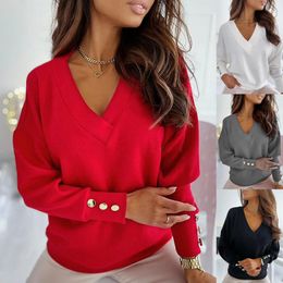 Womens Blouses Shirts Fashion Women Elegant Deep V Neck Long Sleeve Buttons Solid Color Blouse Basic Tshirt Pullover Female Clothing 230927