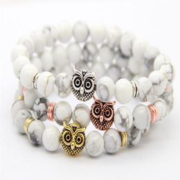 2016 New Design Top Quality 8mm Natural White Howlite Stone Beads Antique Gold Rose Gold Silver Owl Bracelets Exquiste Gifts1921