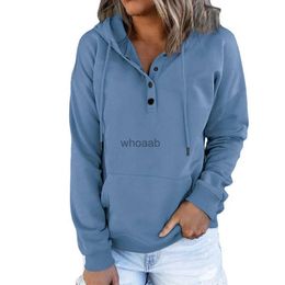 Women's Women Long Sleeve Pullover Solid Tops Kangaroo Pocket with Drawstring Blouse Button Decoration YQ230928