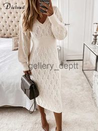 Basic Casual Dresses DICLOUD Beige Knitted Sweater Dress Autumn Winter Elastic Long Sleeve V Neck Elegant Hollow Midi Party Dresses Clothes For Women J230928