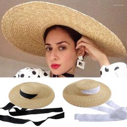 Wide Brim Hats Women Large Flat Top Straw For Sun Visor Hat Long Ribbon Floppy Beach