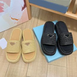 Designer Luxury Sandals Women Slip On Gold Buckle Black Brown Pool Women Casual Sandals Triangle Buckle Raffia Straw Espadrille Slippers Slip Mules Slides 35-41