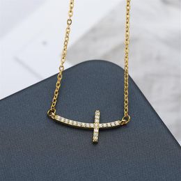 Tiny Gold Curved Sideways Cross Necklace For Women Men Cubic Zirconia Religious Pendant Jewelry Charm Collier Chains341E