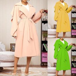 Women's Trench Coats Turn Down Collar Solid Medium Long Outer Garment Loose Office Ladies Slim Fit Stripe Overcoats 2023 Autumn Elegant