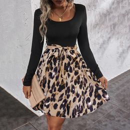 Casual Dresses Elegant Chic Women Leopard Patchwork Long Sleeve Dress A Line O Neck Tie High Waist Belted Short Skirt 2023