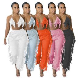 Womens Long Pants Two Piece Set New Fashion Sexy Casual Tassel Sling Lady Top Outfits Apparel Plus Size Joggings Clothing