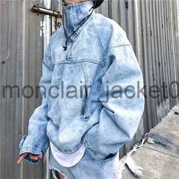 Women's Hoodies Sweatshirts High Street Men Denim Tops Falling Shoulder Hip Hop Hooded Half Zipper Washing Old Denim Jacket Coats Men Ripped Denim Jackets J230928