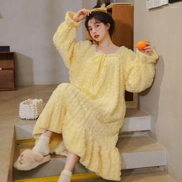 Women's Sleepwear Winter Women Nightgown Solid Long Sleeve Nightwear Square Collar Night Dress In Fleece One Piece Warm Pajamas 2023