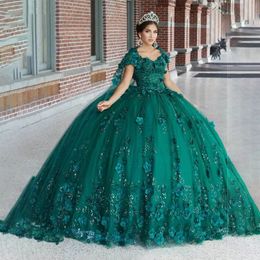 Hunter Green Flowers Quinceanera Off ramion cekinowe aplikacje Sweet pociąg Sweet 15 imprezowy sukienkę szatę de soiree 322