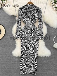 Basic Casual Dresses Beiyingni Stand Collar Long Midi Dress Woman Zebra Printed Vintage Y2K Partu Club Dresses Women Chic Korean Street Vestidos Lady J230928