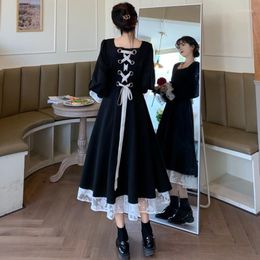 Casual Dresses Gothic Dress Women's Fall Winter Bandage Lace Trim Open Back French Hepburn Retro Long Sleeve Black Flared Sleeves Sexy