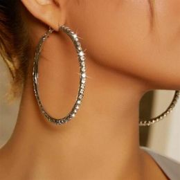 Boutique Hiphop Brand Crystal Large Hoop Earrings Gold Silver Tone Big Rhinestone Clip on Circle Earring for Women Youth Personali285s