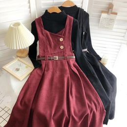 Casual Dresses 2023 Autumn Winter Women's Sets 2 Pieces Set Dress Vintage Corduroy Vest And Long Sleeve Knitted Sweater Elegant Suits