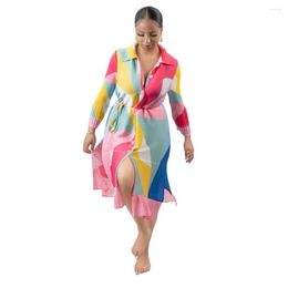 Ethnic Clothing African Pleat Dresses For Women Dashiki Autumn V-neck Long Sleeve Print Midi Dress Clothes