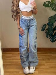 American Vintage Women Cargo Pants Low Waist Straight Fake Zippers Multis Pockets Baggy Jeans Y2K Blue Aesthetic Old Trousers