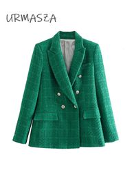 Womens Wool Blends Women jacket Autumn Fashion Double Breasted Tweed Check Blazer Coat Vintage Long Sleeve Pockets Female Outerwear Chic 230927