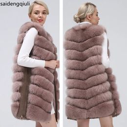 Women's Fur Faux Fur Natural Women's Fur Coat Vest Zipper Long Coat Winter Warm Coat Natural Fur True Vest Jacket 230927