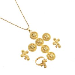 Necklace Earrings Set Ethiopian 3Pcs Gold Color Cross Pendants Clip Stud Ring For Women Girls Bridal Wedding Jewellery