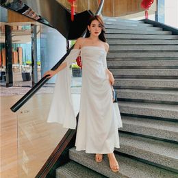 Casual Dresses Elegant Satin Off Shoulder One Neck Strap Long Evening Dress Sexy Women Loose Sleeve Slim Backless Summer Party Robe Gowns